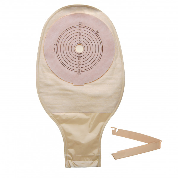 One-piece drainable colostomy system, with clip, EVOH