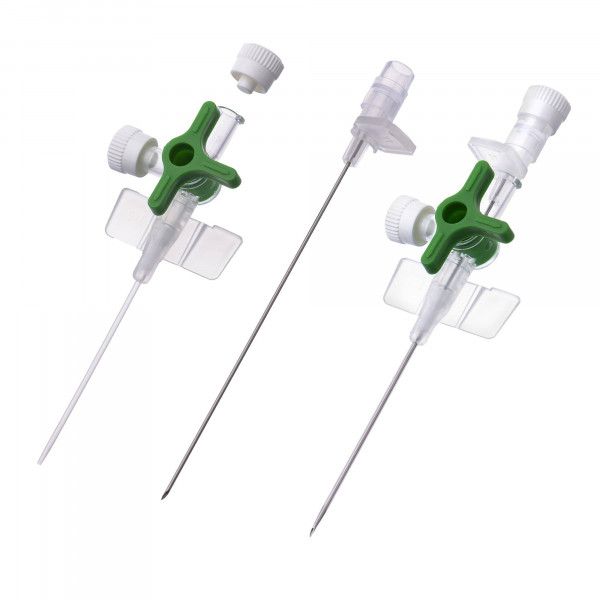 Intravenous Catheter with integrated three-way stopcock, with wings, with injection port