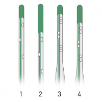 
atraumatic with 3 lateral holes
atraumatic with Soft Tip and 3 lateral holes
atraumatic, laterally tapered with 6 lateral holes
atraumatic with Soft Tip, laterally tapered with 6 lateral holes.