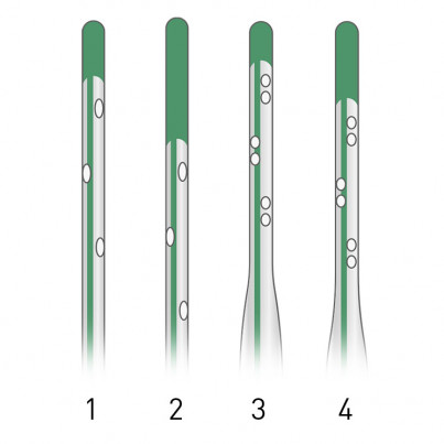 1. Standard catheter 20G with 3 lateral Holes;
2. Catheter with Soft Tip 20G and 3 lateral Holes;
3. Atraumatic Catheter 20G with 6 lateral Holes; 4. Atraumatic Catheter with Soft Tip 20G and 6 lateral Holes