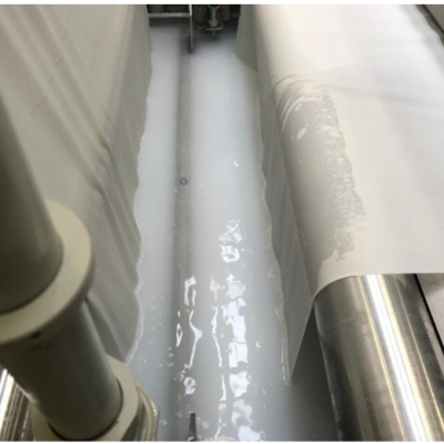Sonovia’s machine propels antibacterial chemicals onto fabrics at tremendous speed.
Photo: courtesy